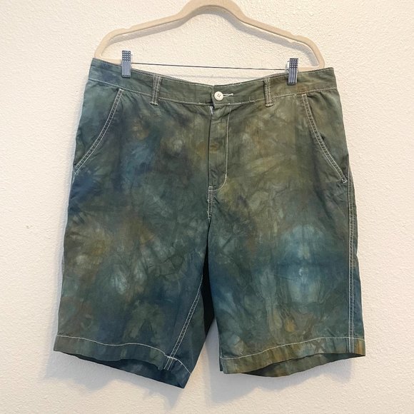 Rough & Tumble Army Green Blue Brown Custom Tie Dye Flat Front Shorts SZ 38 - Picture 1 of 7